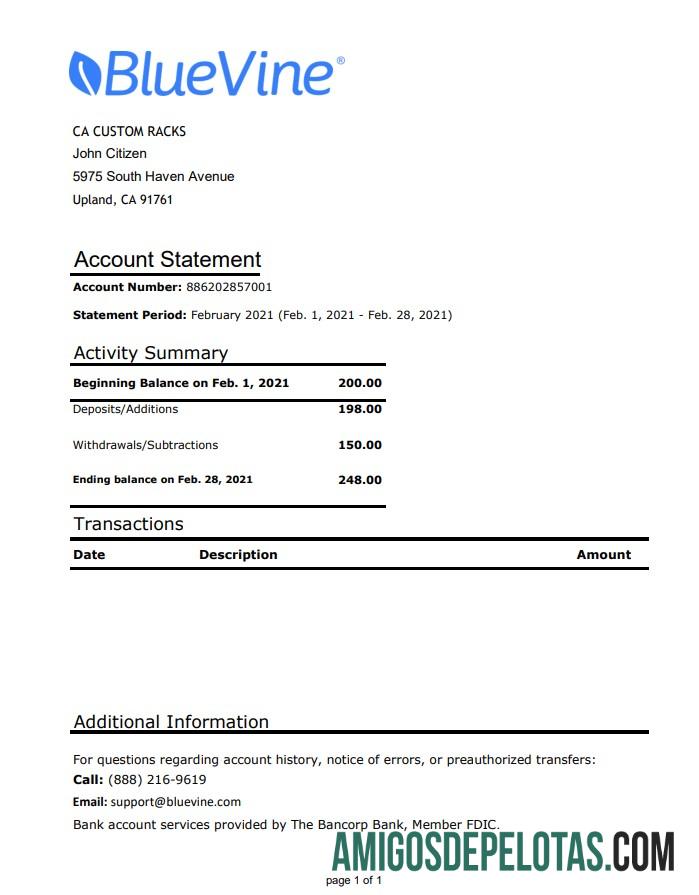 Extrato bancário em branco EUA Califórnia BlueVine modelo fácil de preencher em formato de arquivo .xls e .pdf